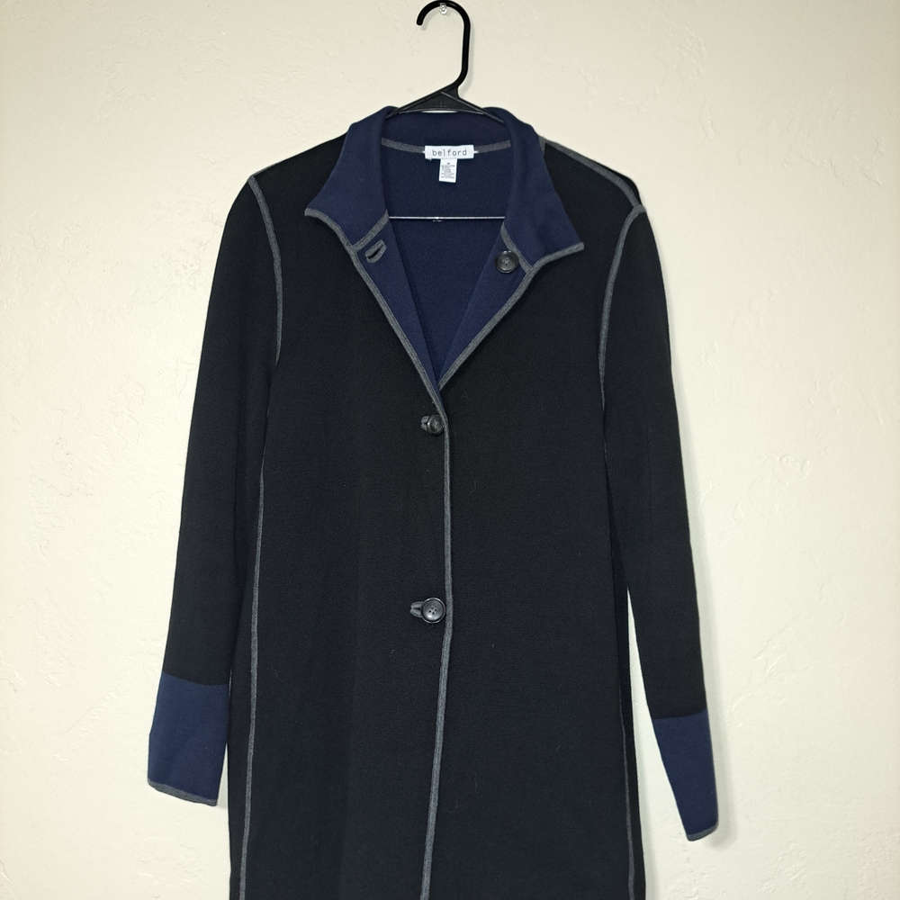 Classic Black and Blue Trench Coat with Lapel Collar